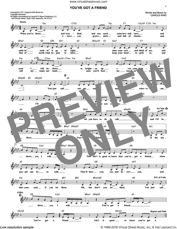 You've Got A Friend sheet music for voice and other instruments (fake book) by Carole King and James Taylor, intermediate skill level