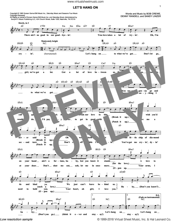 Let's Hang On sheet music for voice and other instruments (fake book) by The 4 Seasons, Manhattan Transfer, Bob Crewe, Denny Randell and Sandy Linzer, intermediate skill level