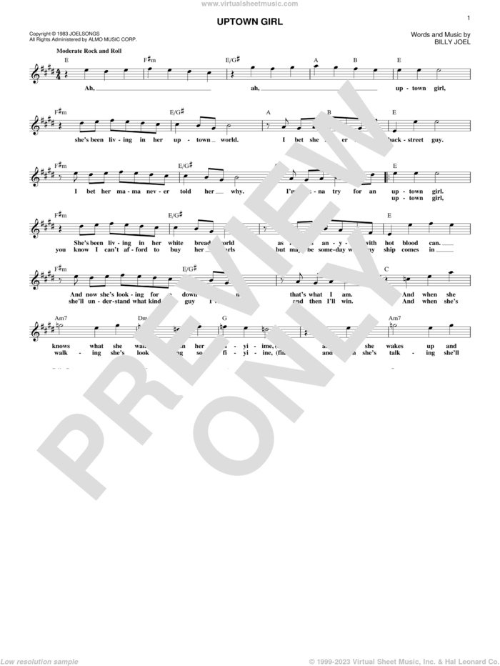 Uptown Girl sheet music for voice and other instruments (fake book) by Billy Joel, intermediate skill level