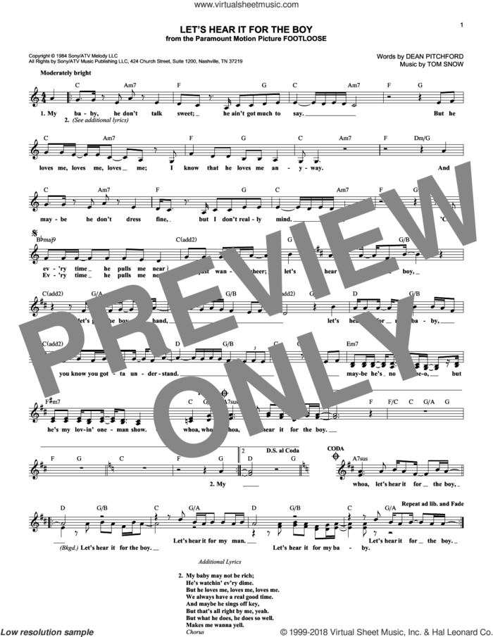 Let's Hear It For The Boy sheet music for voice and other instruments (fake book) by Deniece Williams, Dean Pitchford and Tom Snow, intermediate skill level