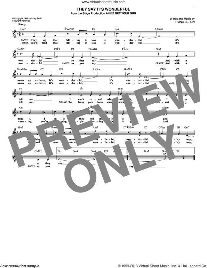 They Say It's Wonderful sheet music for voice and other instruments (fake book) by Irving Berlin, intermediate skill level