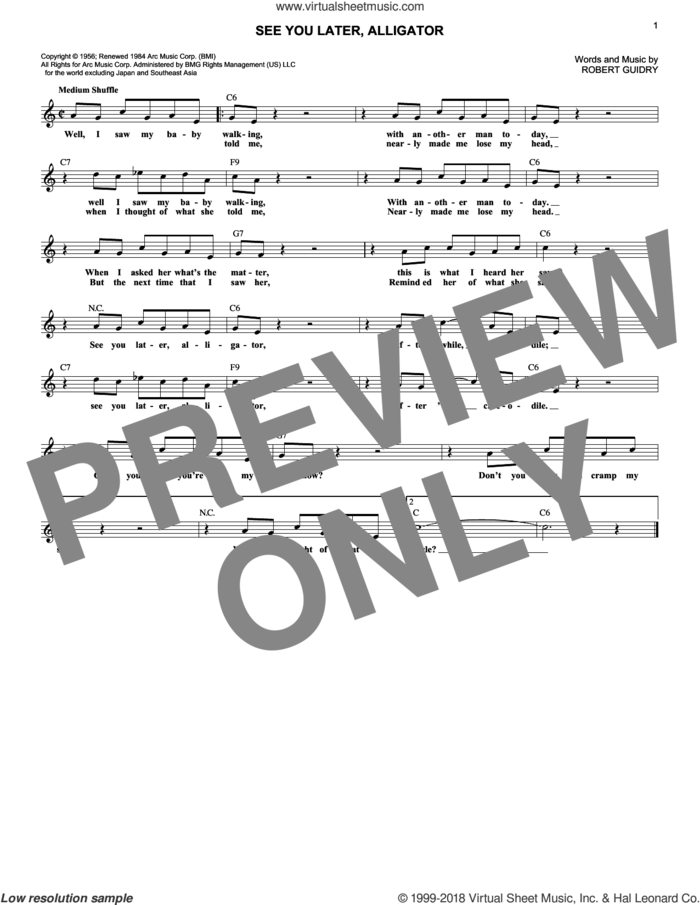 See You Later, Alligator sheet music for voice and other instruments (fake book) by Bill Haley & His Comets and Robert Guidry, intermediate skill level