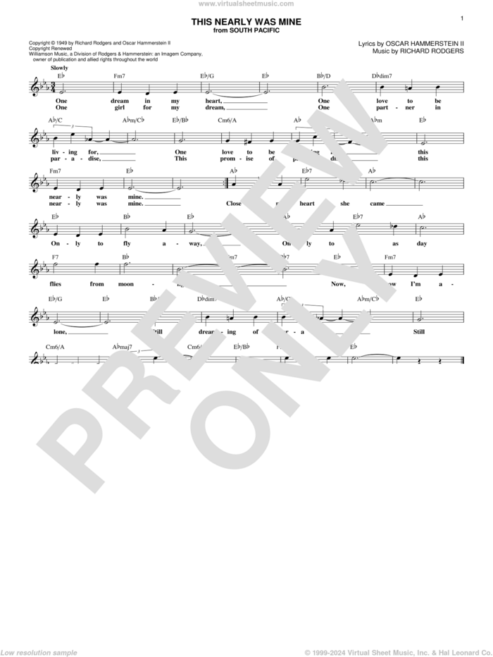 This Nearly Was Mine sheet music for voice and other instruments (fake book) by Rodgers & Hammerstein, Oscar II Hammerstein and Richard Rodgers, intermediate skill level