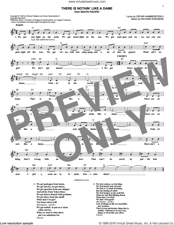 There Is Nothin' Like A Dame sheet music for voice and other instruments (fake book) by Rodgers & Hammerstein, Oscar II Hammerstein and Richard Rodgers, intermediate skill level