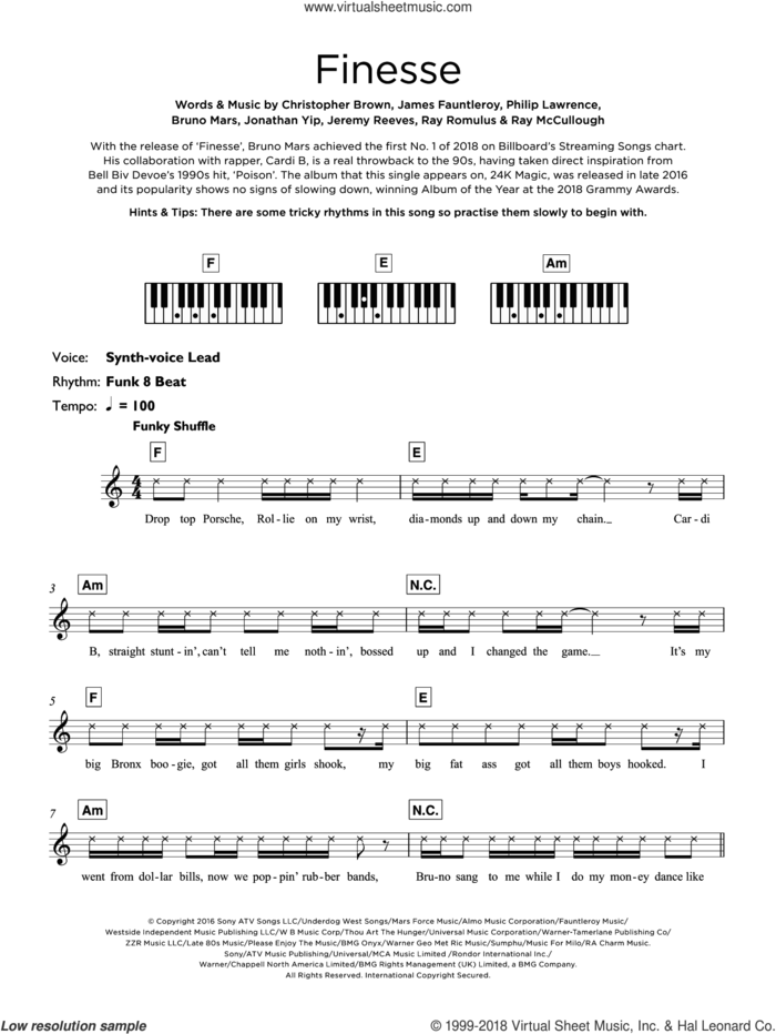 Finesse (featuring Cardi B) sheet music for piano solo (keyboard) by Bruno Mars, Cardi B, Chris Brown, James Fauntleroy, Jeremy Reeves, Jonathan Yip, Philip Lawrence, Ray McCullough and Ray Romulus, intermediate piano (keyboard)