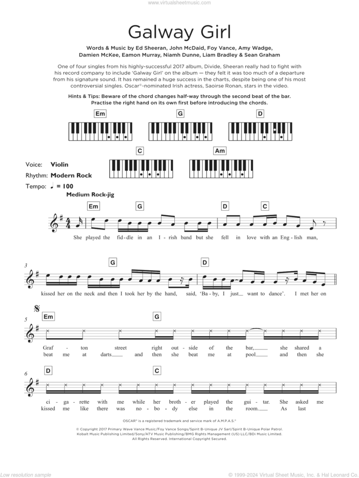 Galway Girl sheet music for piano solo (keyboard) by Ed Sheeran, Amy Wadge, Damien McKee, Eamon Murray, Foy Vance, John McDaid, Liam Bradley, Niamh Dunne and Sean Graham, intermediate piano (keyboard)