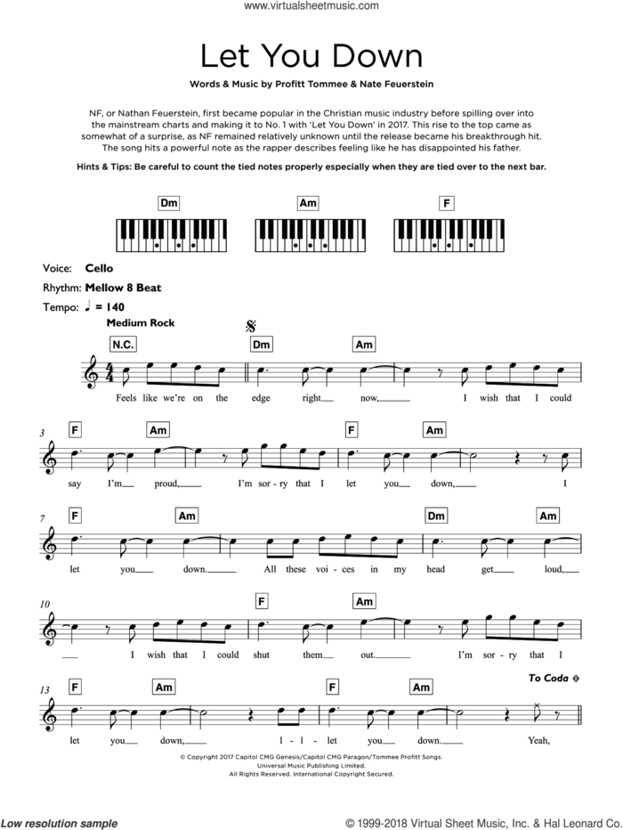 Let You Down sheet music for piano solo (keyboard) by NF, Nate Feuerstein and Profitt Tommee, intermediate piano (keyboard)
