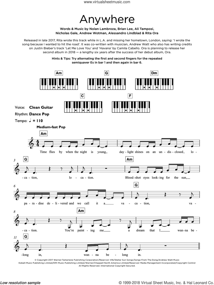 Anywhere sheet music for piano solo (keyboard) by Rita Ora, Alessandro Lindblad, Ali Tamposi, Andrew Wotman, Brian Lee, Nicholas Gale and Nolan Lambroza, intermediate piano (keyboard)