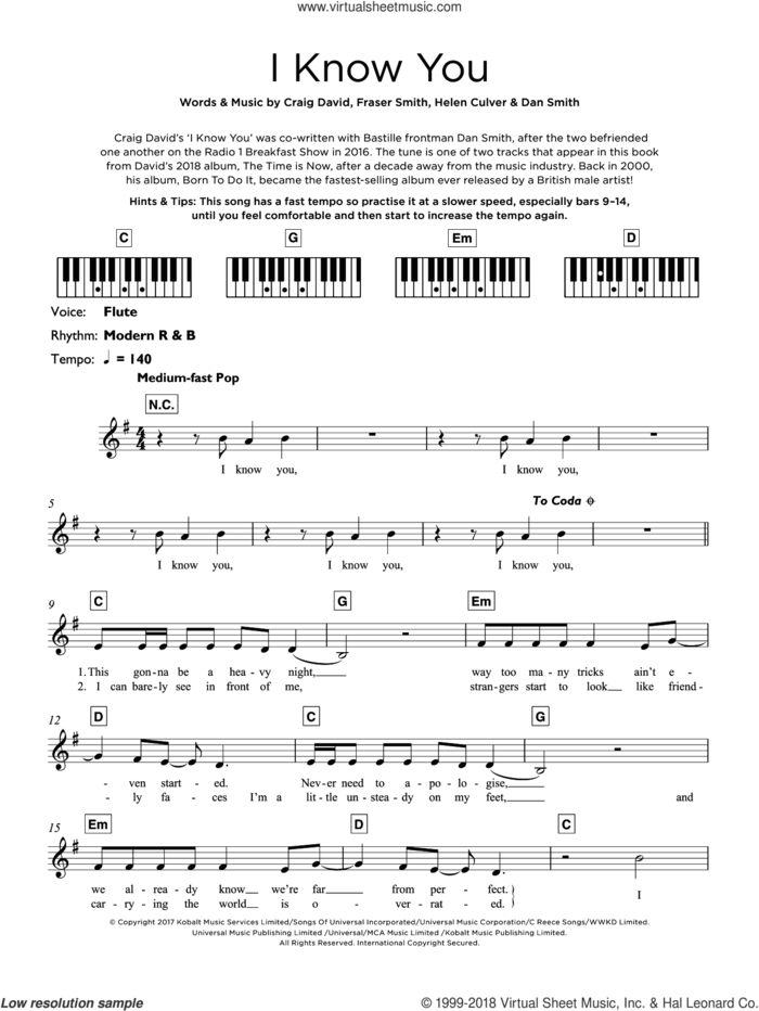 I Know You (featuring Bastille) sheet music for piano solo (keyboard) by Craig David, Bastille, Dan Smith, Fraser T. Smith and Helen Culver, intermediate piano (keyboard)