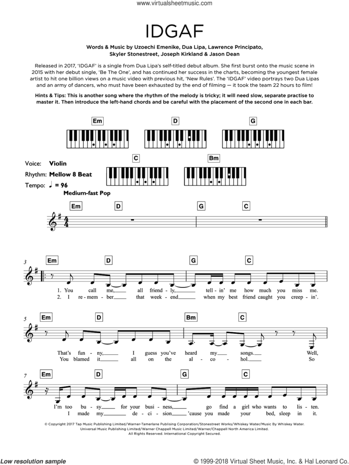 IDGAF sheet music for piano solo (keyboard) by Dua Lipa, Jason Dean, Joseph Kirkland, Lawrence Principato, Skyler Stonestreet and Uzoechi Emenike, intermediate piano (keyboard)