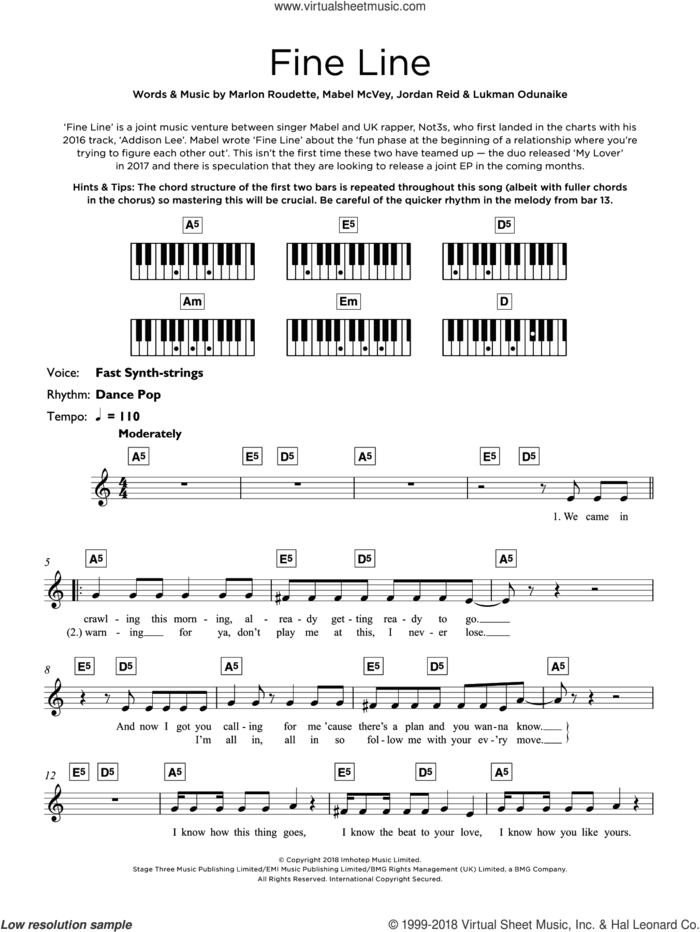 Fine Line (featuring Not3s) sheet music for piano solo (keyboard) by Mabel, Not3s, Jordan Reid, Lukman Odunaike, Mabel McVey and Marlon Roudette, intermediate piano (keyboard)