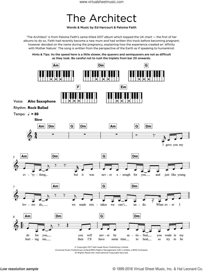 The Architect sheet music for piano solo (keyboard) by Paloma Faith and Ed Harcourt, intermediate piano (keyboard)