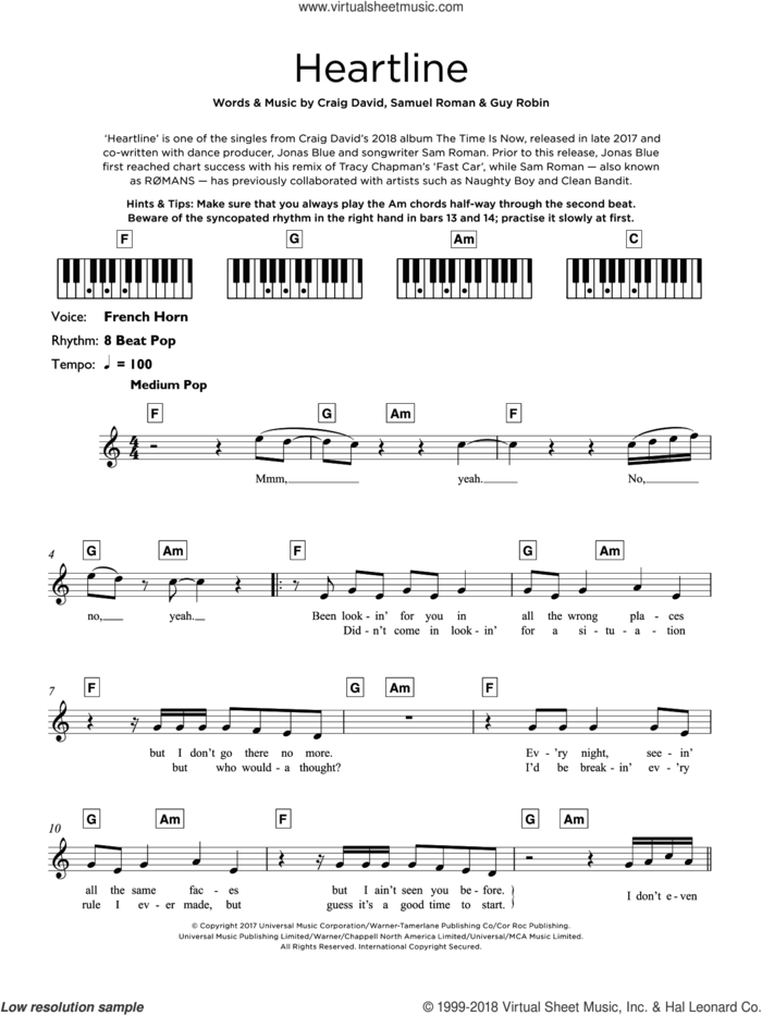 Heartline sheet music for piano solo (keyboard) by Craig David, Guy Robin and Samuel Roman, intermediate piano (keyboard)