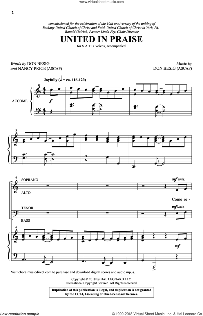 United In Praise sheet music for choir (SATB: soprano, alto, tenor, bass) by Don Besig and Nancy Price, intermediate skill level