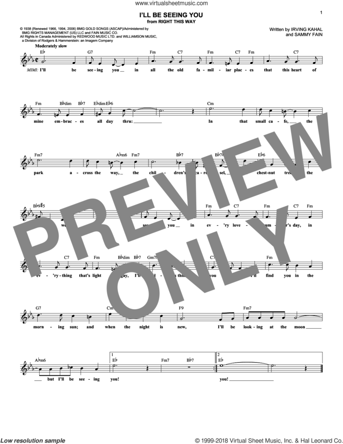 I'll Be Seeing You sheet music for voice and other instruments (fake book) by Sammy Fain and Irving Kahal, intermediate skill level