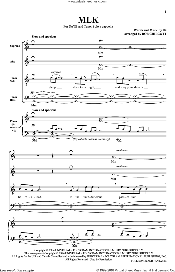 MLK sheet music for choir (SATB: soprano, alto, tenor, bass) by The King's Singers and U2, intermediate skill level
