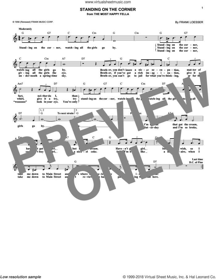 Standing On The Corner sheet music for voice and other instruments (fake book) by Frank Loesser and The Four Lads, intermediate skill level