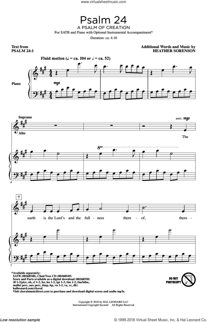 Psalm 24 (A Psalm Of Creation) sheet music for choir (SATB: soprano, alto, tenor, bass) by Heather Sorenson and Psalm 24:1, intermediate skill level