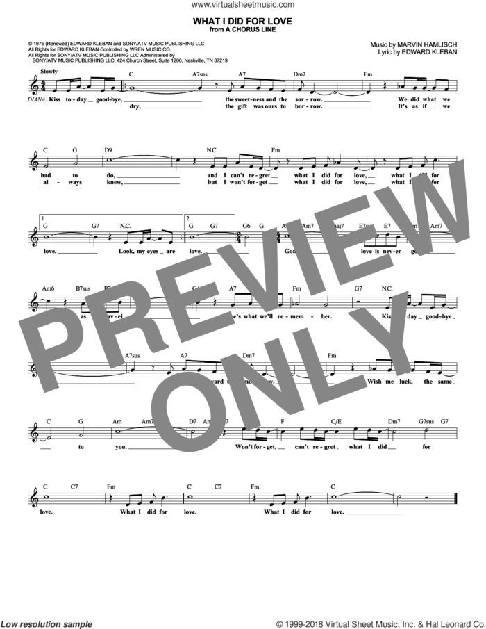 What I Did for Love (from A Chorus Line) sheet music for voice and other instruments (fake book) by Marvin Hamlisch and Edward Kleban, intermediate skill level