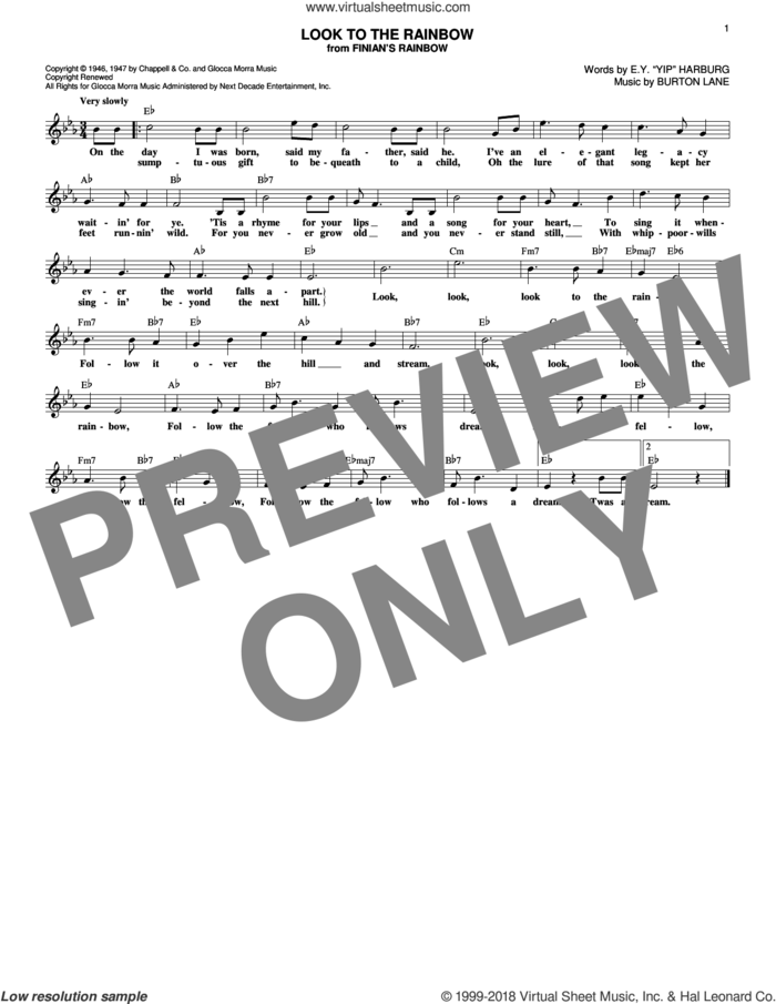 Look To The Rainbow sheet music for voice and other instruments (fake book) by E.Y. Harburg and Burton Lane, intermediate skill level