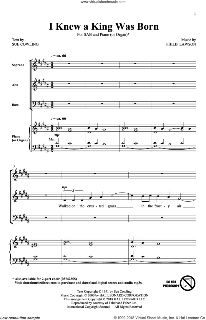 I Knew A King Was Born sheet music for choir (SAB: soprano, alto, bass) by Philip Lawson and Sue Cowling, intermediate skill level