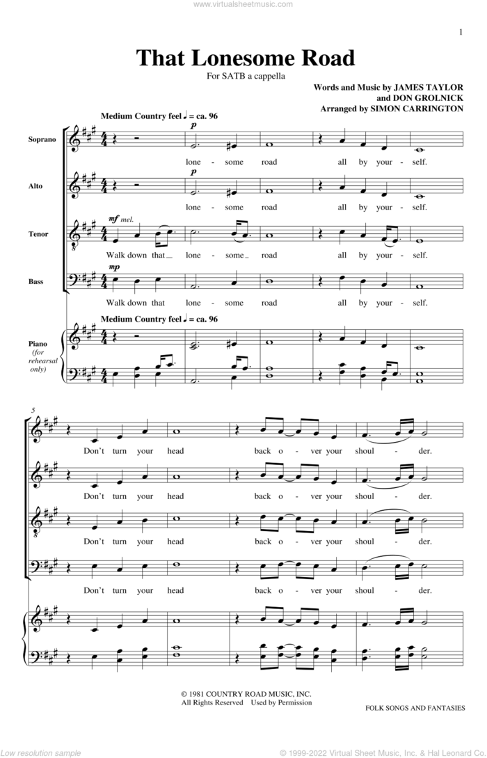 That Lonesome Road sheet music for choir (SATB: soprano, alto, tenor, bass) by The King's Singers, Don Grolnick and James Taylor, intermediate skill level