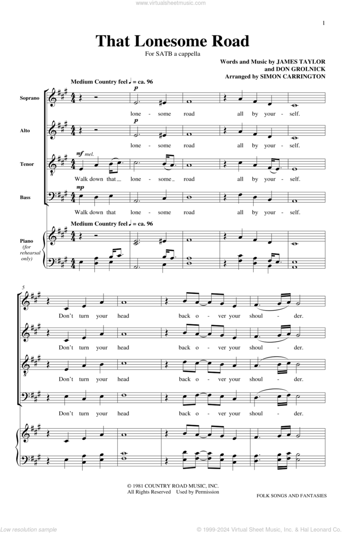 That Lonesome Road sheet music for choir (SATB: soprano, alto, tenor, bass) by The King's Singers, Don Grolnick and James Taylor, intermediate skill level