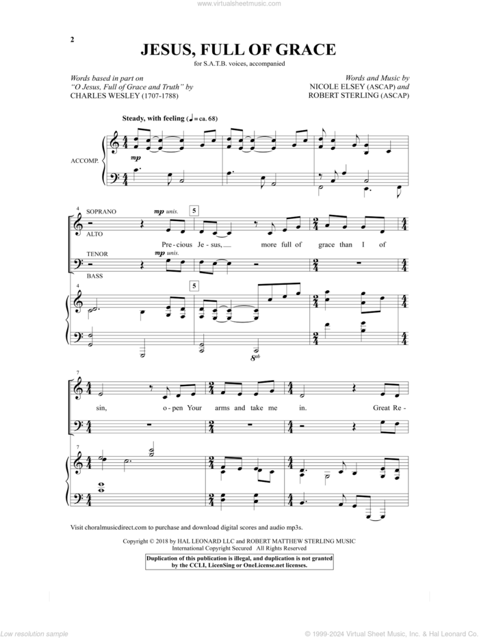 Jesus, Full Of Grace sheet music for choir (SATB: soprano, alto, tenor, bass) by Charles Wesley, Nicole Elsey and Robert Sterling, intermediate skill level