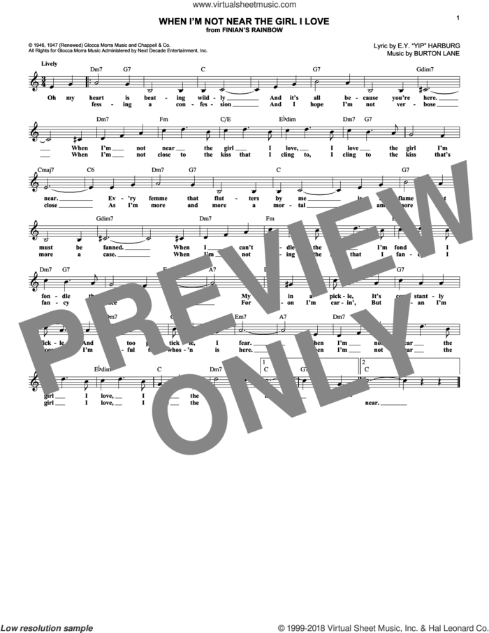 When I'm Not Near The Girl I Love sheet music for voice and other instruments (fake book) by E.Y. Harburg and Burton Lane, intermediate skill level