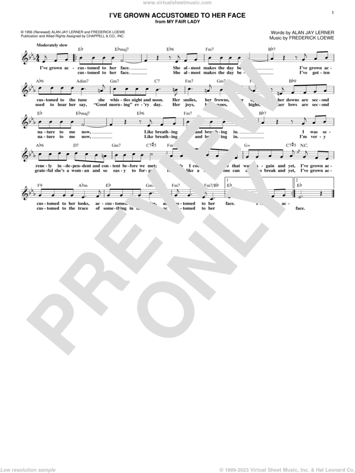 I've Grown Accustomed To Her Face sheet music for voice and other instruments (fake book) by Alan Jay Lerner and Frederick Loewe, intermediate skill level