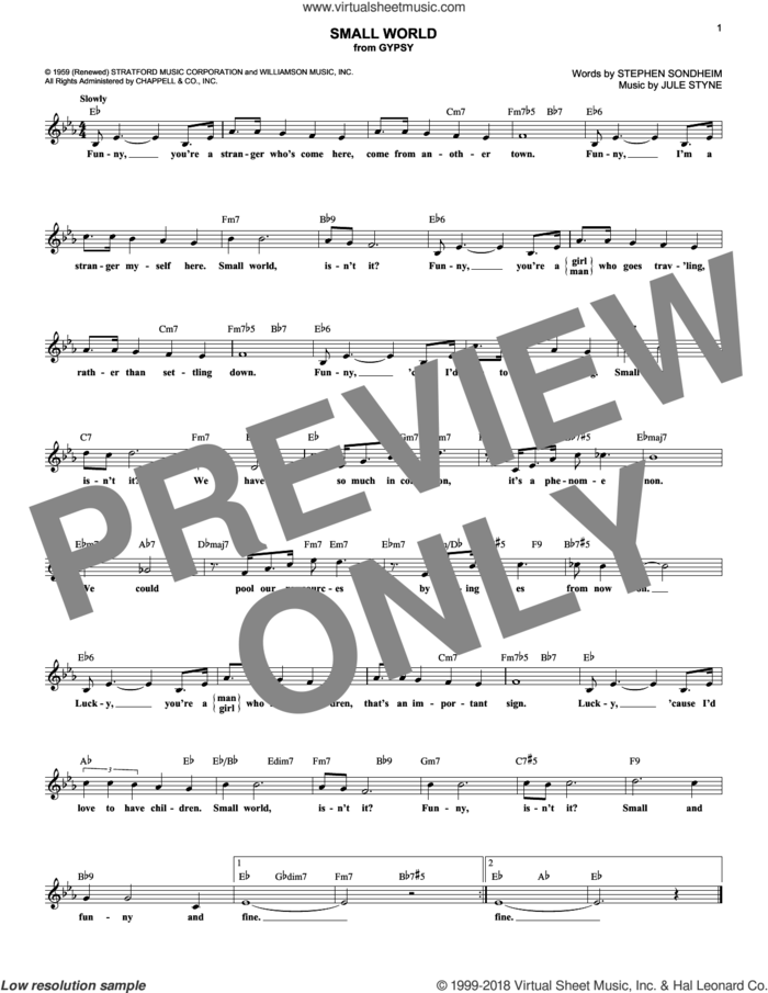 Small World sheet music for voice and other instruments (fake book) by Stephen Sondheim and Jule Styne, intermediate skill level