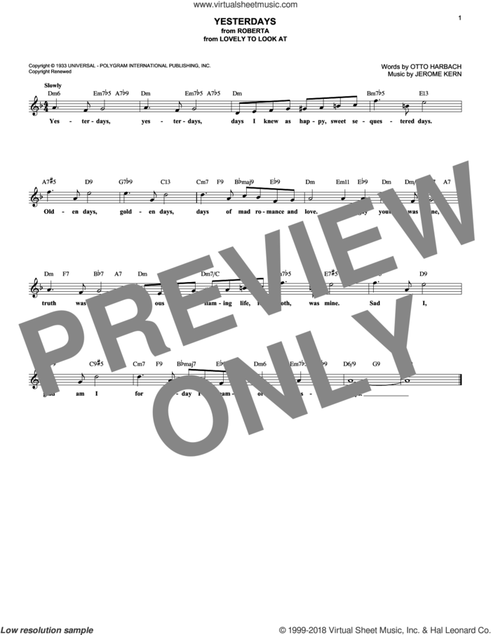 Yesterdays sheet music for voice and other instruments (fake book) by Jerome Kern and Otto Harbach, intermediate skill level