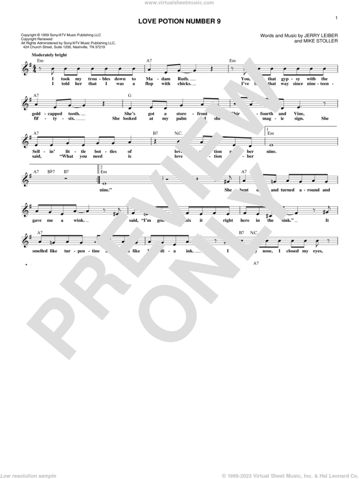 Love Potion Number 9 sheet music for voice and other instruments (fake book) by The Searchers, Jerry Leiber and Mike Stoller, intermediate skill level