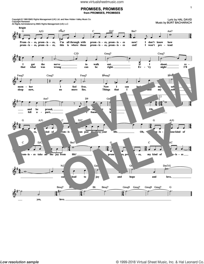 Promises, Promises sheet music for voice and other instruments (fake book) by Burt Bacharach and Hal David, intermediate skill level