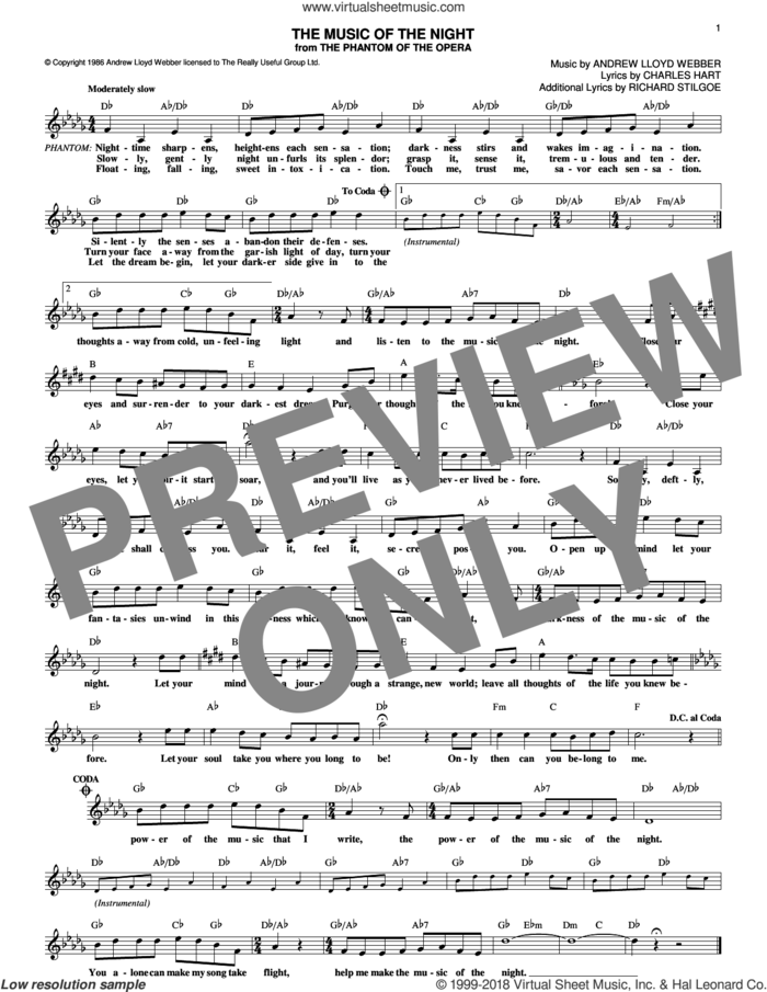 The Music Of The Night (from The Phantom Of The Opera) sheet music for voice and other instruments (fake book) by Andrew Lloyd Webber, David Cook, Charles Hart and Richard Stilgoe, intermediate skill level