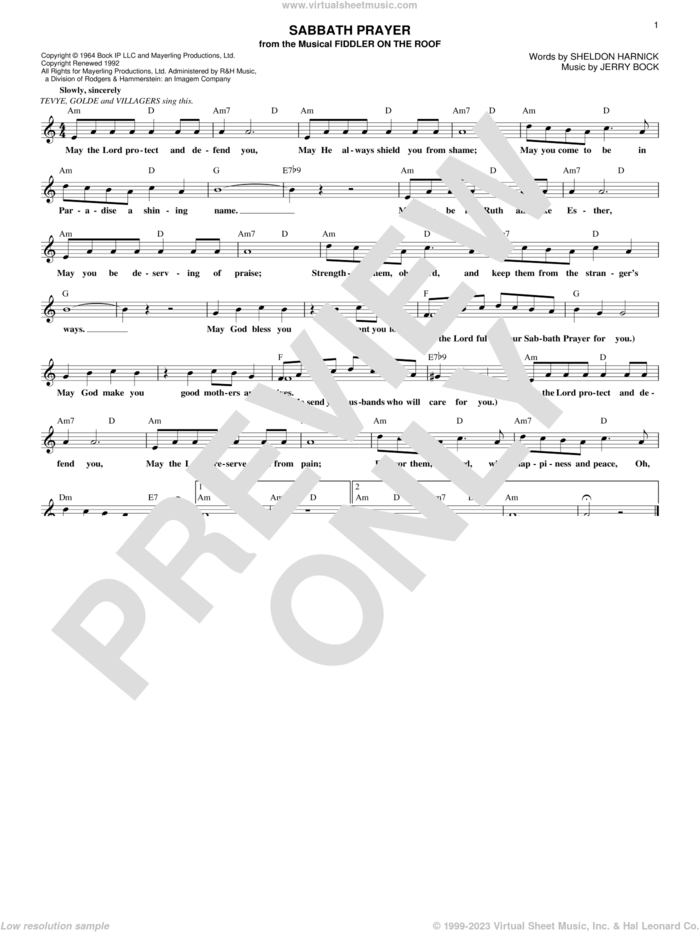 Sabbath Prayer sheet music for voice and other instruments (fake book) by Jerry Bock and Sheldon Harnick, intermediate skill level
