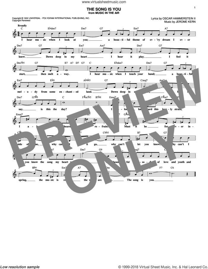The Song Is You sheet music for voice and other instruments (fake book) by Oscar II Hammerstein and Jerome Kern, intermediate skill level