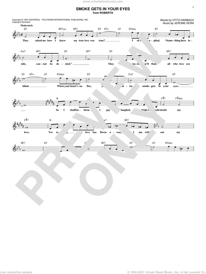 Smoke Gets In Your Eyes sheet music for voice and other instruments (fake book) by The Platters, Jerome Kern and Otto Harbach, intermediate skill level