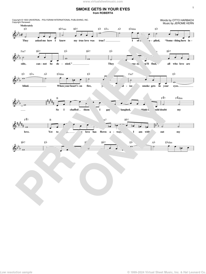 Smoke Gets In Your Eyes sheet music for voice and other instruments (fake book) by The Platters, Jerome Kern and Otto Harbach, intermediate skill level