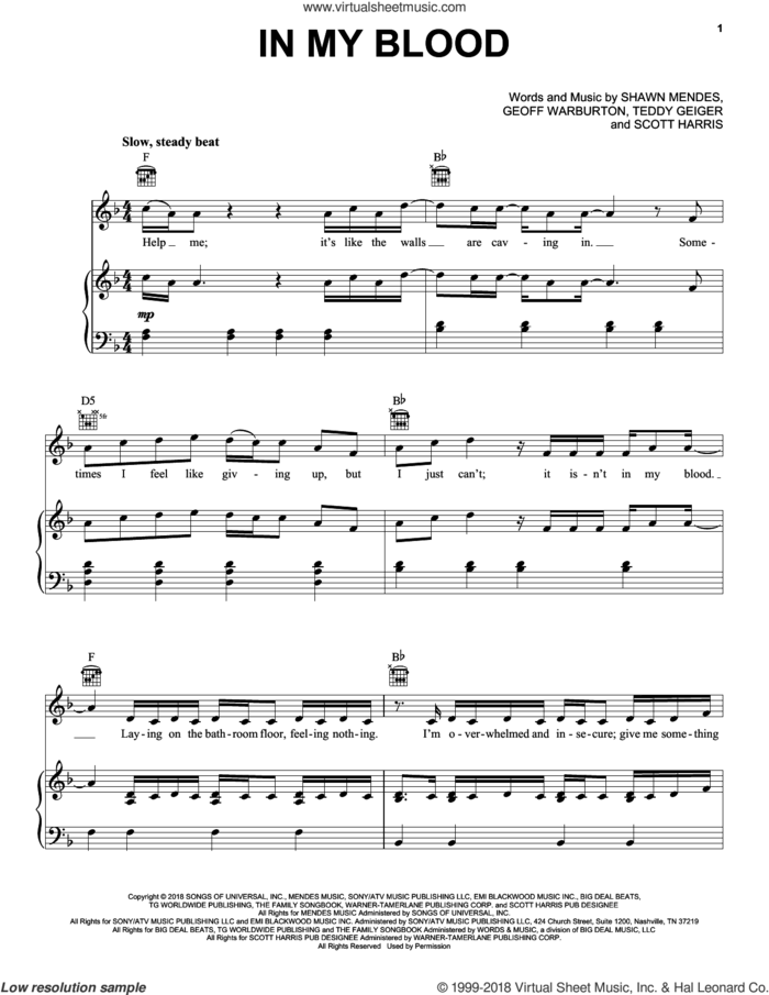 In My Blood sheet music for voice, piano or guitar by Shawn Mendes, Geoff Warburton, Scott Harris and Teddy Geiger, intermediate skill level