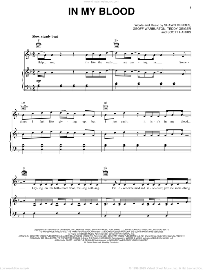 In My Blood sheet music for voice, piano or guitar by Shawn Mendes, Geoff Warburton, Scott Harris and Teddy Geiger, intermediate skill level