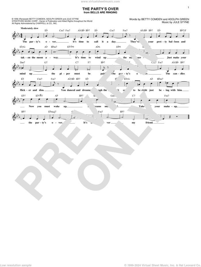 The Party's Over sheet music for voice and other instruments (fake book) by Jule Styne, Adolph Green and Betty Comden, intermediate skill level