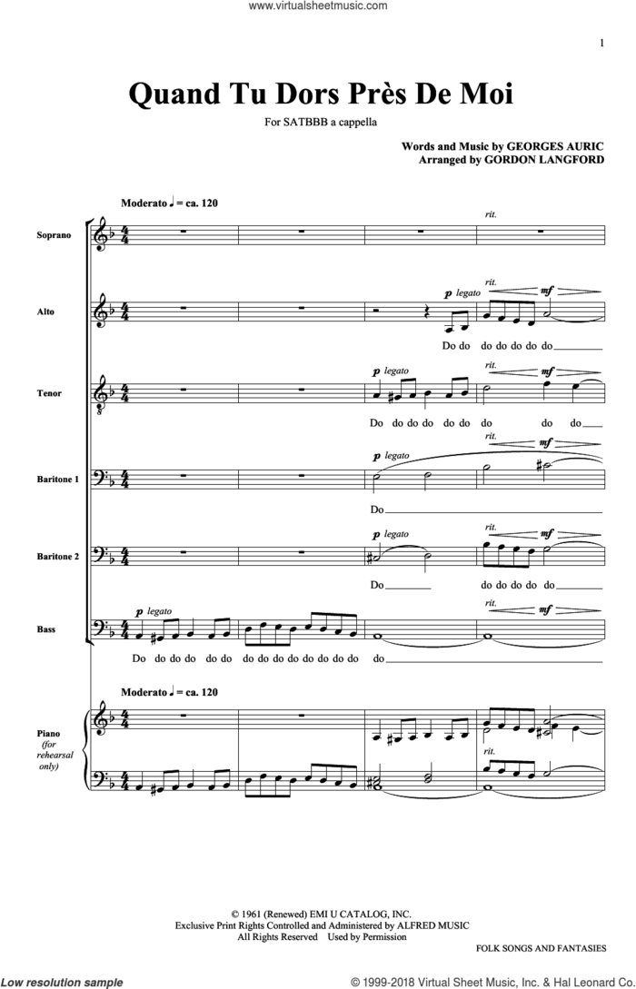 Quand Tu Dors Pres De Moi sheet music for choir (SATB: soprano, alto, tenor, bass) by The King's Singers and Georges Auric, intermediate skill level