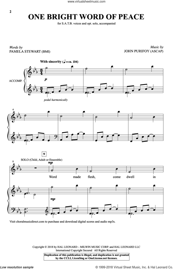 One Bright Word Of Peace sheet music for choir (SATB: soprano, alto, tenor, bass) by Pamela Stewart and John Purifoy, intermediate skill level