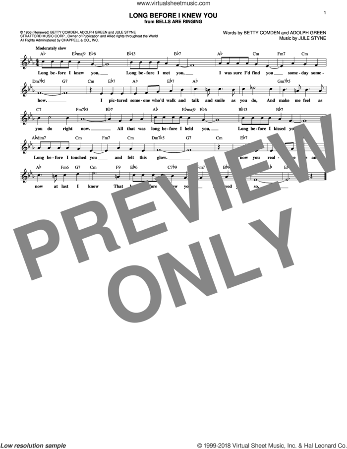 Long Before I Knew You sheet music for voice and other instruments (fake book) by Jule Styne, Adolph Green and Betty Comden, intermediate skill level