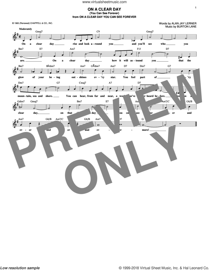 On A Clear Day (You Can See Forever) sheet music for voice and other instruments (fake book) by Alan Jay Lerner and Burton Lane, intermediate skill level