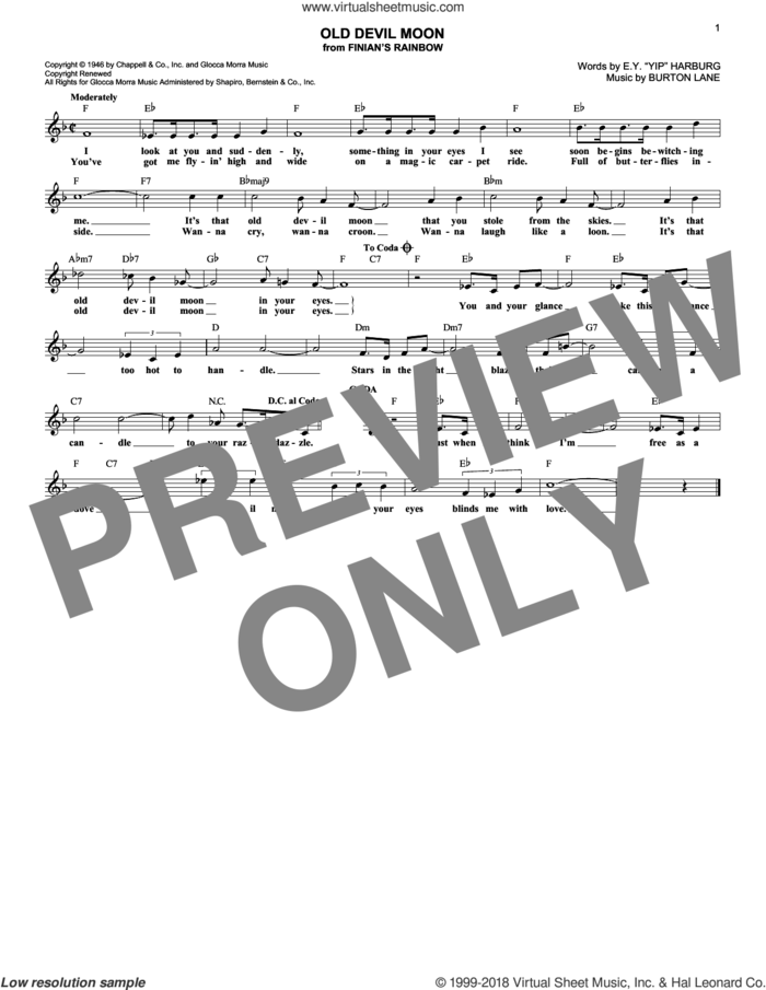 Old Devil Moon sheet music for voice and other instruments (fake book) by E.Y. Harburg and Burton Lane, intermediate skill level
