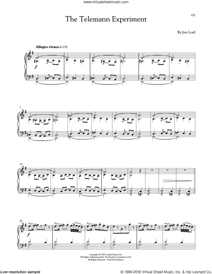 The Telemann Experiment sheet music for piano solo by Jon Lord, intermediate skill level