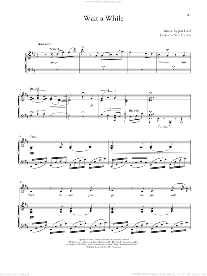 Wait A While sheet music for voice and piano by Jon Lord and Sam Brown, intermediate skill level