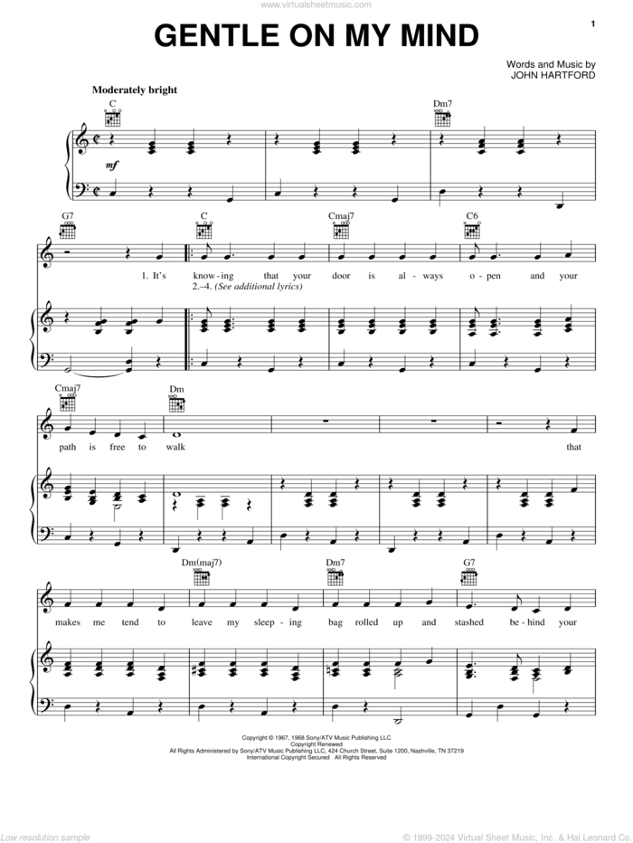 Gentle On My Mind sheet music for voice, piano or guitar by Glen Campbell, Johnny Cash and John Hartford, intermediate skill level